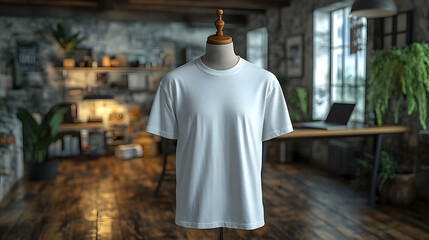 White t-shirt on mannequin in stylish loft.