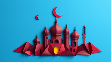 Paper Art Mosque: A Serene Crimson Islamic Cityscape