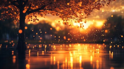 Fototapeta premium trees water drops falling from it, warm colors, beautiful generative ai
