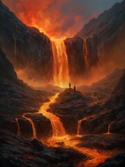 Fototapeta premium Lava River Flowing from the Foot of the Mountain: A Fiery Landscape