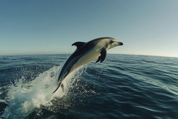 Fototapeta premium Dynamic dolphin leaping in vivid ocean scenery with sunlight