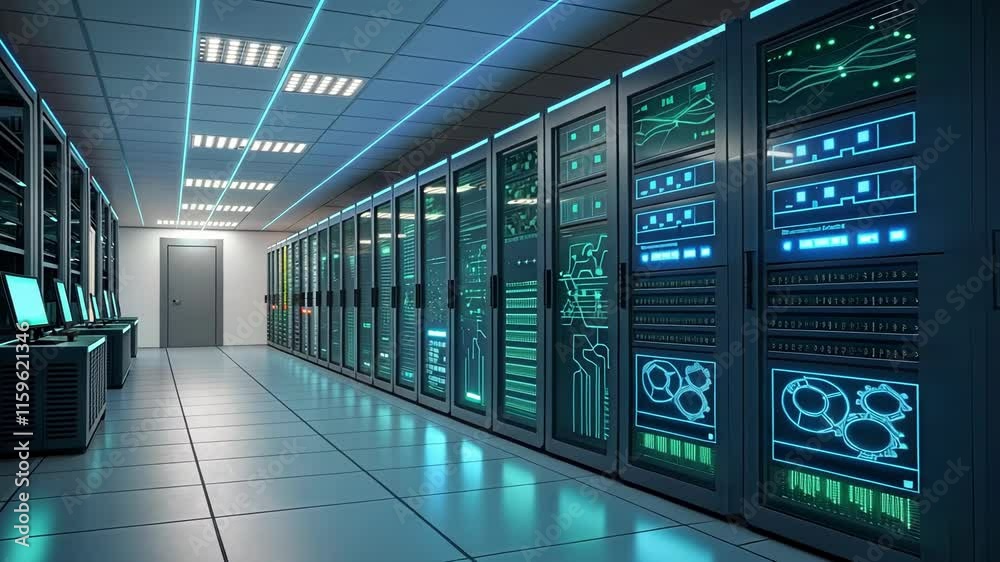 Poster server racks glowing with digital activity. illuminating advanced network infrastructure while proce