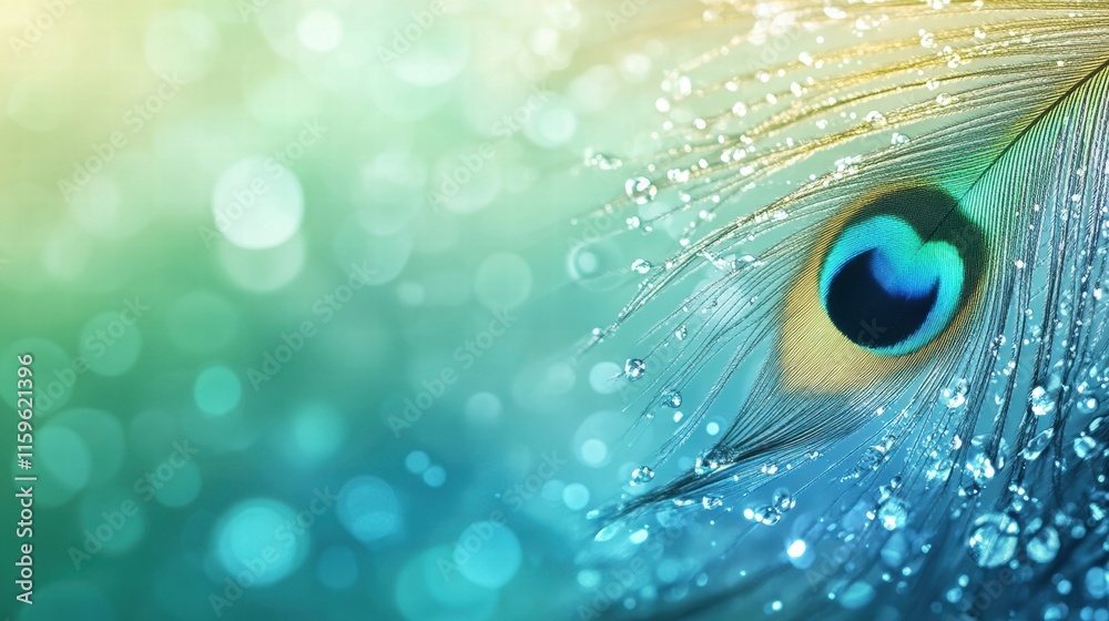 Leinwandbilder close up of a colorful peacock feather adorned with dew drops on a serene morning backdrop with ampl
