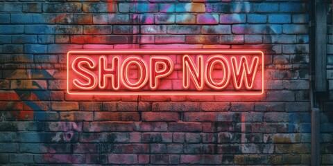 Fototapeta premium Neon 'SHOP NOW' text on textured brick wall with urban street art, cool modern city vibe