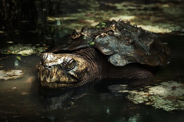 Fototapeta premium Powerful image of snapping turtle in murky water with dramatic lighting and predatory mood