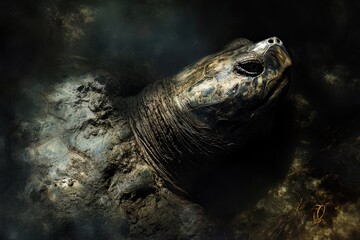 Fototapeta premium Powerful image of snapping turtle in murky water with dramatic lighting and predatory mood