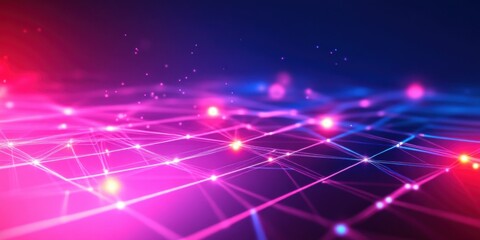 Vibrant neon light grid with digital circuits and glowing paths in cyberspace, abstract geometric designs"