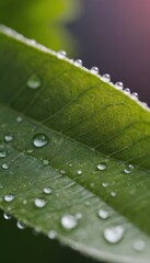 Fototapeta premium Close-Up of a Green Leaf with Dew Drops: Nature's Elegance