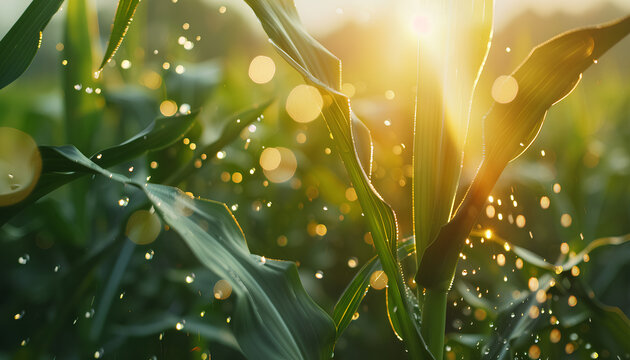 Agricultural irrigation system watering corn field on sunny spring day