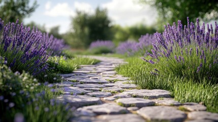 Obraz premium Stone path through a lavender field.