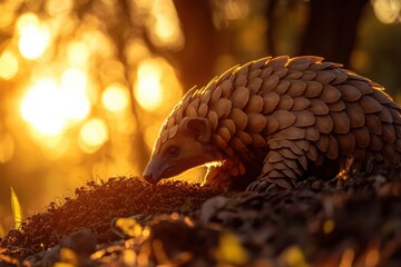 Tree pangolin foraging at sunset in tranquil setting