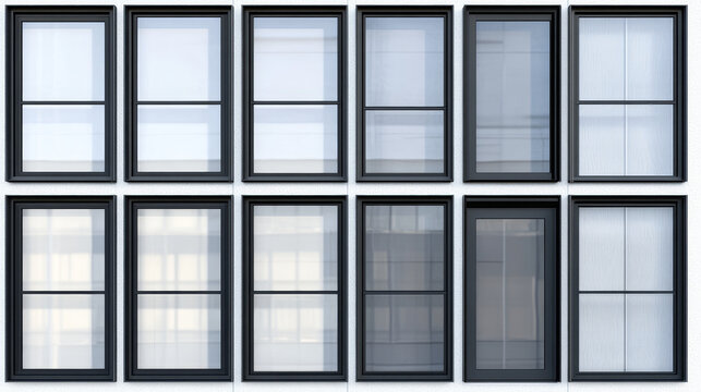 Real modern windows set isolated on white background, various office frontstore frames collection for design, exterior building aluminium facade element 