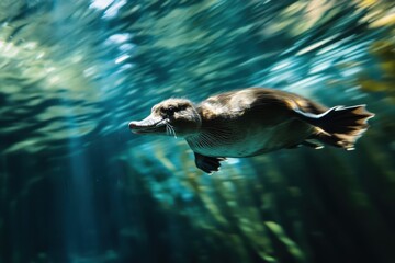 Naklejka premium Highspeed shot of platypus diving in dramatic underwater scene