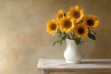 Vibrant sunflower arrangement in vintage vase rustic setting floral warm atmosphere close-up view timeless elegance