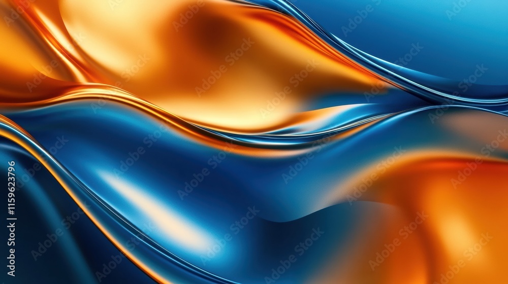 Poster Abstract glossy waves in vibrant orange and blue tones creating dynamic movement and texture in digital artwork. Generative AI