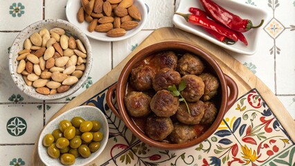 Fototapeta premium Delightful albondigas served with assorted tapas in a colorful flat lay arrangement perfect for sharing moments