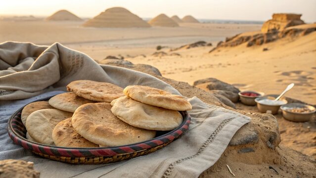 Enjoying freshly baked aish baladi against the backdrop of the Egyptian desert at sunset