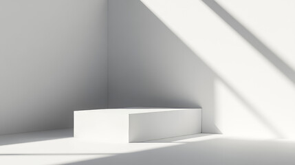 3d white booth stand room with wall for trade event mockup. Empty display corner with podium on floor mock up template. Blank presentation showroom interior set. Isolated exhibit advertising cube area