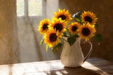 Fototapeta premium Sunflower floral arrangement in vintage vase cozy indoor setting still life timeless beauty