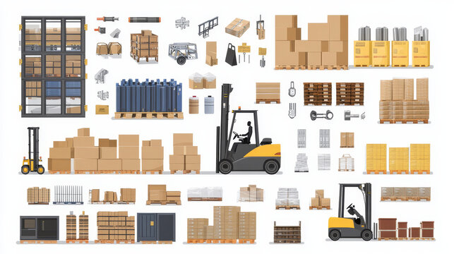 Warehouse interior with box and pallete vector. Forklift and rack equipment for hangar stockroom isolated clipart on white background. Distribution office icon design for goods in container shipment