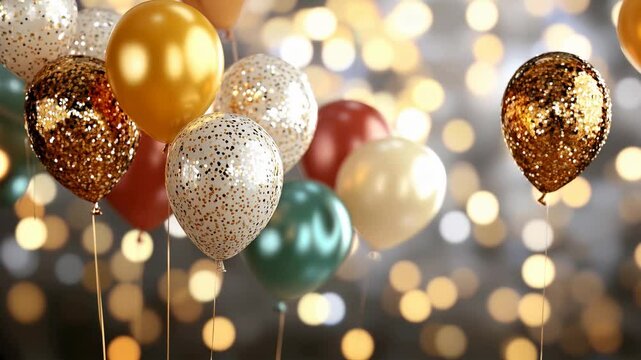 Fond festif avec des ballons blancs et dor&eacute;s et des lumi&egrave;res en arri&egrave;re plan. Festive background with white and gold balloons and lights in the background.