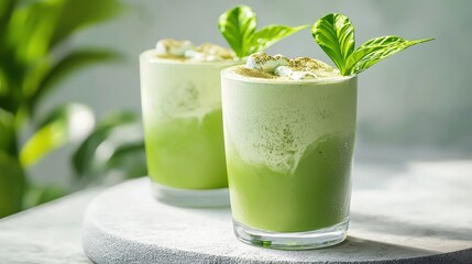 Refreshing matcha drink presentation modern  high-resolution textures relaxing environment aesthetic viewpoint serenity concept