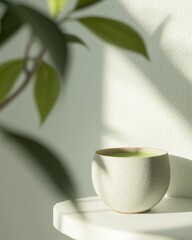 Matcha beverage on-the-go minimalist setting high-resolution textures natural light contemporary concept
