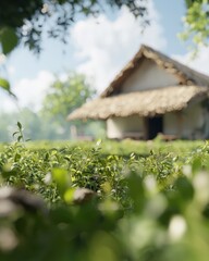Traditional tea farming landscape rural village high-resolution textures lush environment ground view serenity