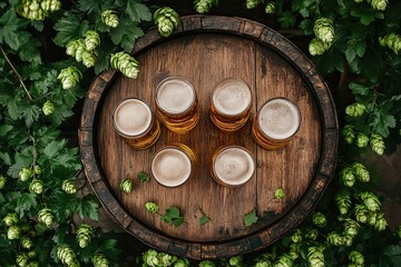 Beer barrel and beer glasses with wheat and hops on a wooden table.