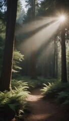 Obraz premium Sunlight Breaking Through Forest Canopy: A Radiant Morning