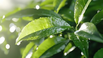 Macro shot of dewy tea leaves nature setting high-resolution textures vibrant green close-up view