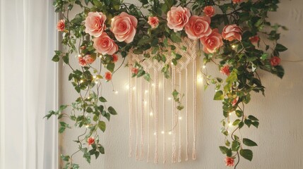 Timeless floral decor macrame wall hanging with roses cozy home indoor aesthetic design