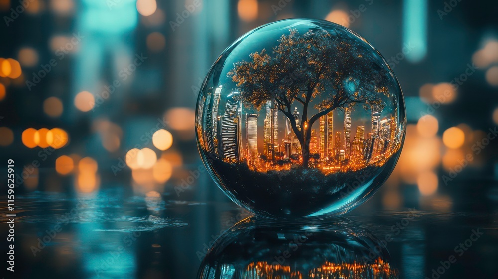 Poster crystal ball reflecting a cityscape with a tree at night.