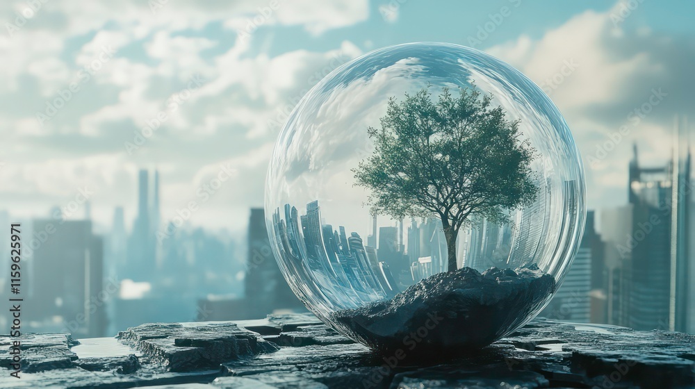 Poster a small tree inside a glass sphere sits atop a stone surface against a backdrop of a cityscape under