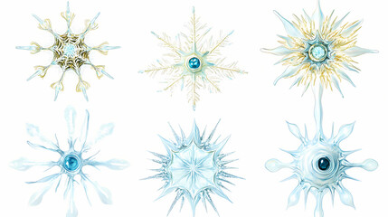 Set of diverse frozen snowflakes examined on a luminous white backdrop. Frostweave. Illustration