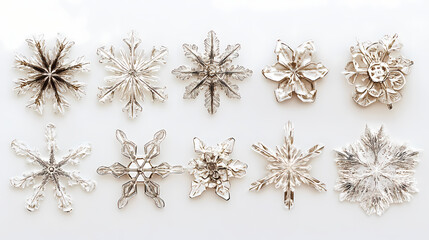 Set of diverse frozen snowflakes examined on a luminous white backdrop. Frostweave. Illustration