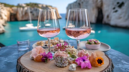 Two glasses of cold Provence Wine on a boatwith sea view.