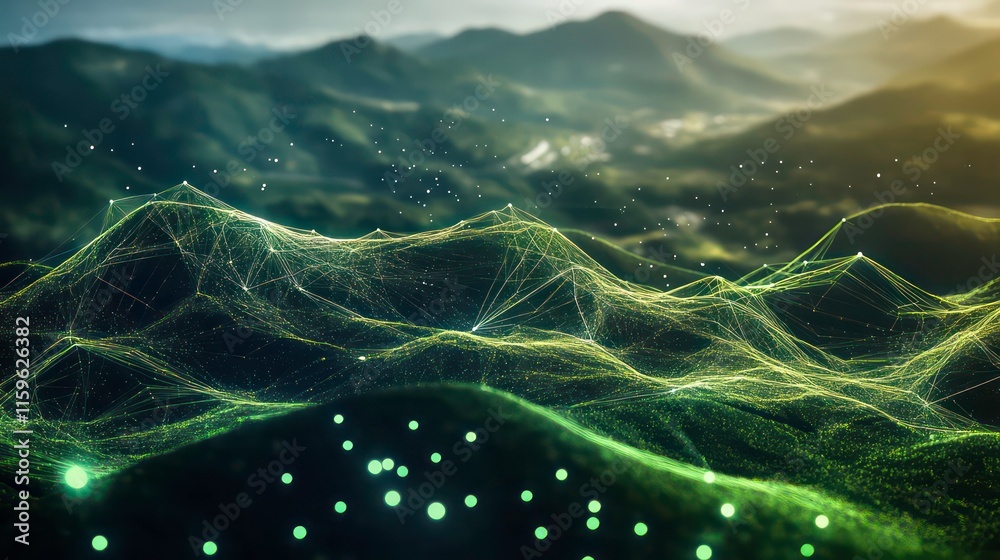 Poster Abstract digital landscape with glowing green lines and points over a mountain range.
