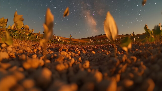 Starry night sky over a field of young plants sprouting from rocky ground.