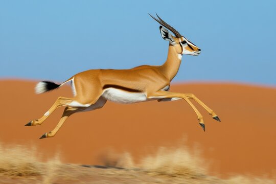 Graceful springbok leaping in vibrant Namibian desert landscape