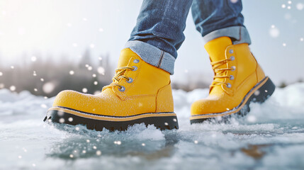 Yellow boots with sturdy soles walking on icy terrain, paired with rolled-up jeans, surrounded by a snowy outdoor setting and soft falling snowflakes