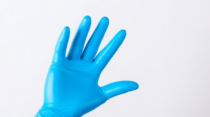 Blue Latex Glove for Hand Protection. Closeup of Empty Hand with Finger in Holding Gesture Wearing Blue Latex Glove on White Background