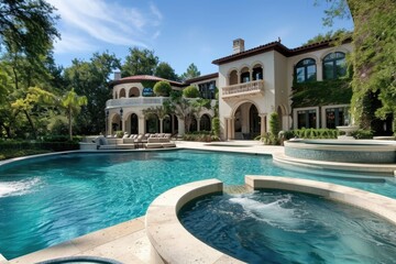 Fototapeta premium Blue Oasis: Luxury Home with Pool, Jacuzzi, and Lush Greenery