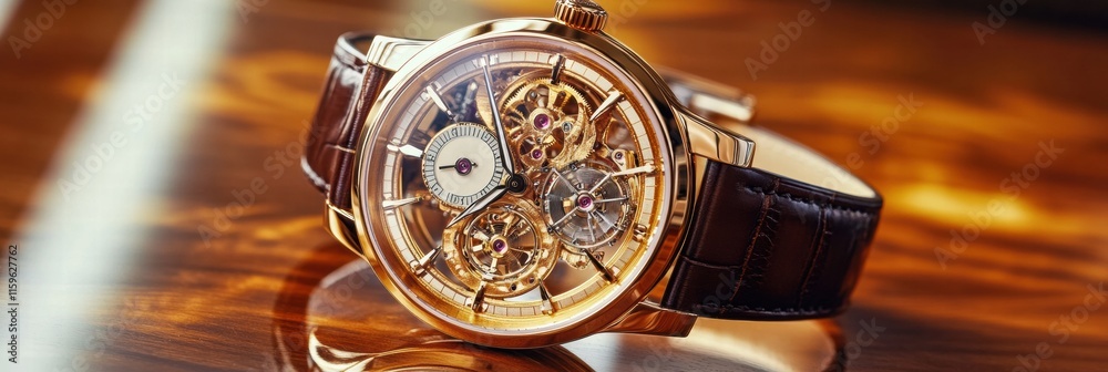 Poster Luxury wristwatch featuring a golden frame and intricate detailing displayed on a polished wooden surface in elegant setting. Generative AI