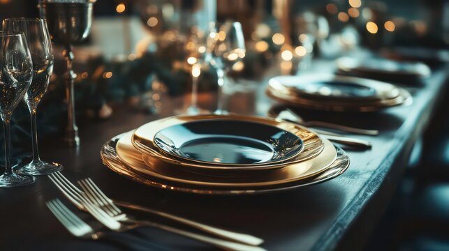 Elegant dinner table setting with gold and black plates, silverware, and candlelight.