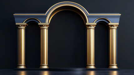 Black geometric pedestal podium with luxury golden circle backdrop an pillar  . abstract studio room . Minimal scene for cosmetic products. Promotion , Showcase display. 3D rendering