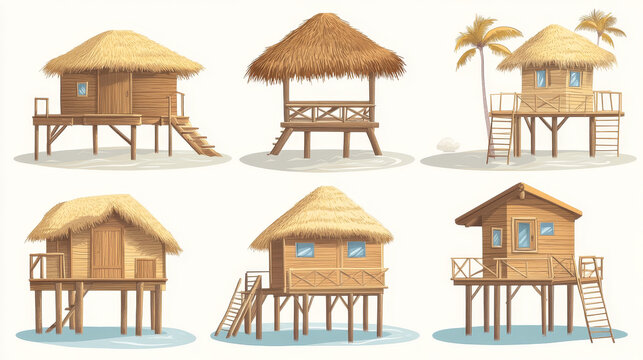 Beach buildings - vacation house, tiki bar and shack with excursion offer. Cartoon vector illustration set of wooden huts with straw roof for sea or ocean shore landscape design for summer concept.