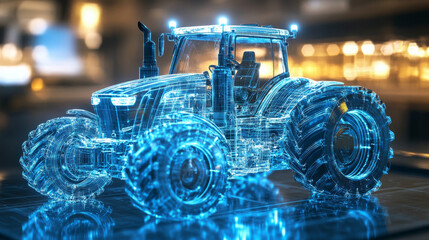 Fototapeta premium Hologram tractor. A holographic projection of the tractor. Flickering energy flux of particles. The scientific design of the tractor