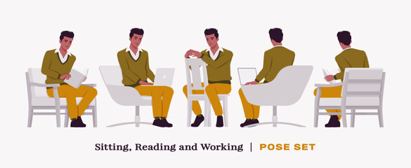 Handsome dark skin businessman sit, work pose set. Guy in v-neck pullover, knit sweater for modern office casual look, authentic pakistani indian male model. Vector flat style cartoon illustration