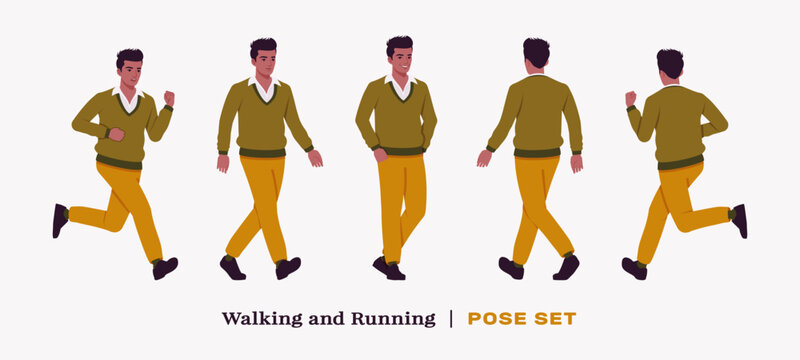 Handsome dark skin businessman walk, run pose set. Guy in v-neck pullover, knit sweater for modern office casual look, authentic pakistani indian male model. Vector flat style cartoon illustration
